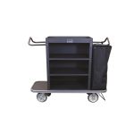Royal Basket Slim Line Metal Housekeeping Cart 3 Shelf / 1 Bag, Vacuum Bar, Black